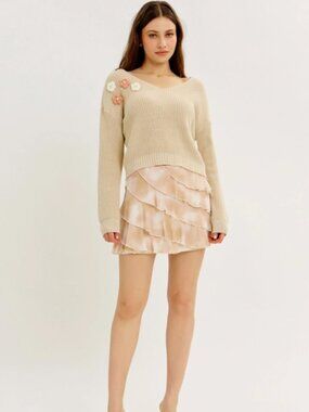 Oatmeal Floral Applique Ribbed Knit Cropped Sweater Cotton Blend NWT #D74